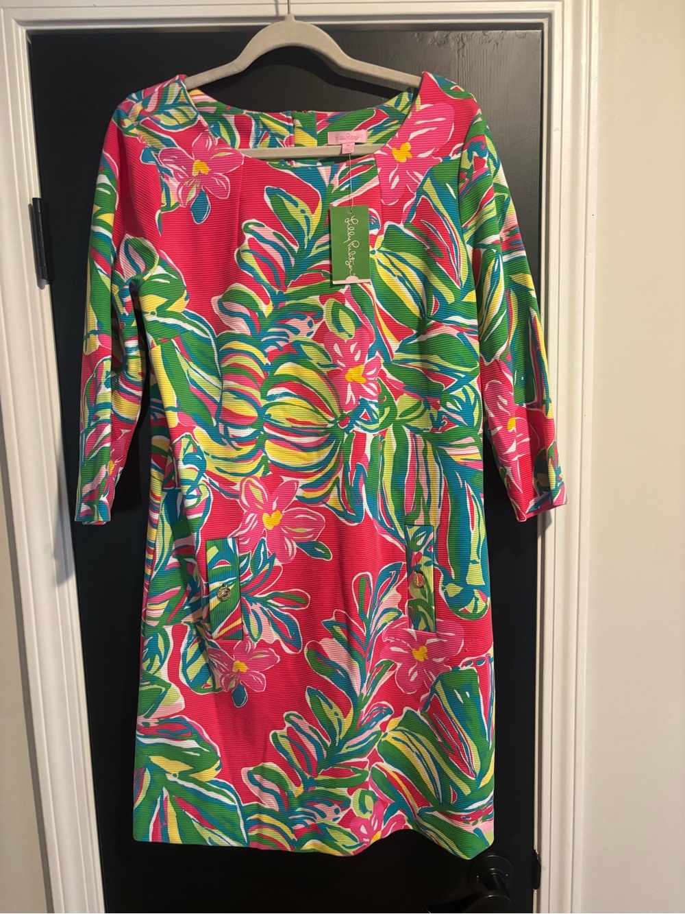 Lilly Pulitzer Hot Pink Tropical Shift Dress with Green & Yellow Leaves
